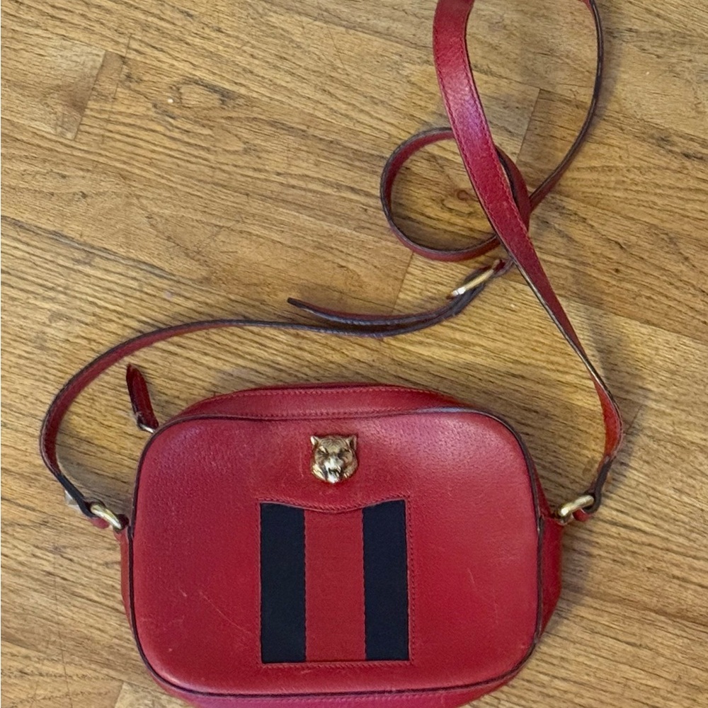 Gucci Red Crossbody Bag with Navy Blue Stripes